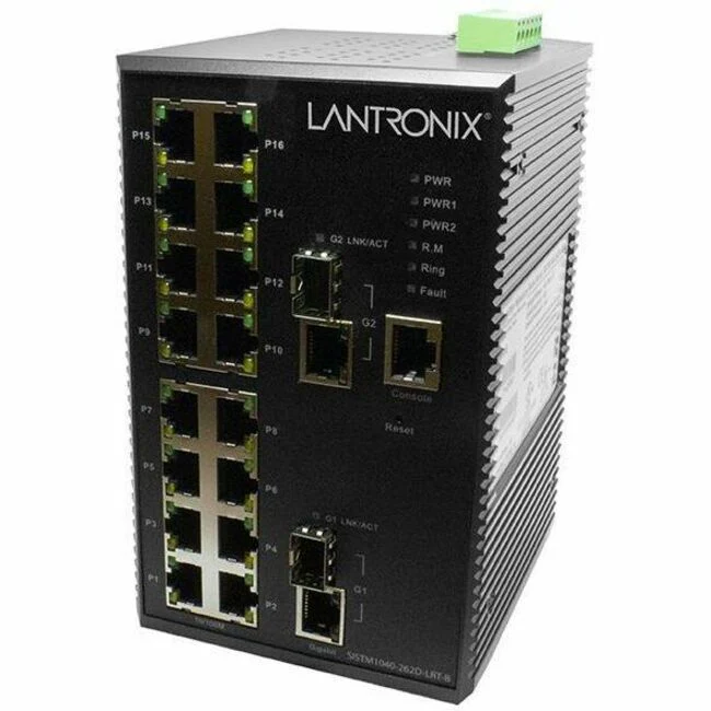Lantronix Managed Hardened Fast Ethernet Switch - 16 Ports - Manageable - Gigabit Ethernet, Fast Ethernet - 1000Base-X, 10/100/1000Base-TX - TAA Compliant - 2 Layer Supported - Modular - 2 SFP Slots - 12 W Power Consumption - Optical Fiber, Twisted Pair -