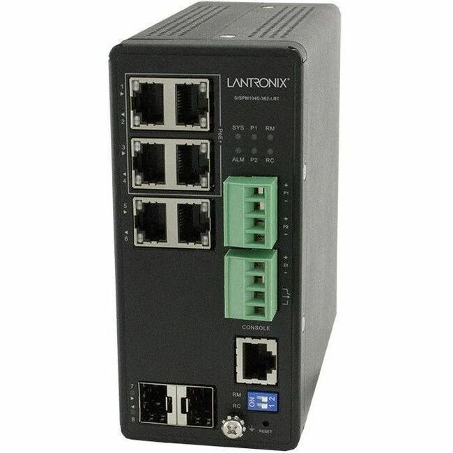 Lantronix Managed Hardened Gigabit Ethernet PoE+ Switch - 6 Ports - Manageable - Gigabit Ethernet - 10/100/1000Base-T, 1000Base-X - TAA Compliant - 2 Layer Supported - Modular - 2 SFP Slots - 8.20 W Power Consumption - 120 W PoE Budget - Twisted Pair, Opt