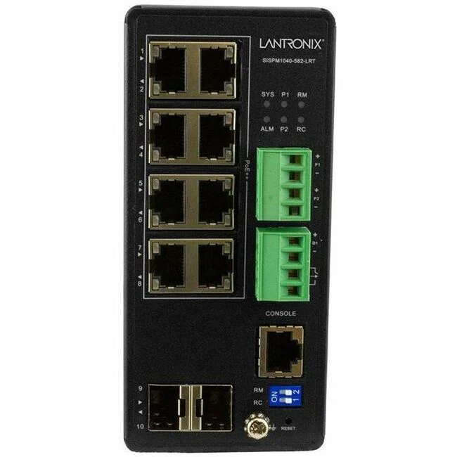 Lantronix Managed Hardened Gigabit Ethernet PoE++ Switch - 8 Ports - Manageable - Gigabit Ethernet - 10/100/1000Base-T, 1000Base-X - TAA Compliant - 4 Layer Supported - Modular - 2 SFP Slots - 13 W Power Consumption - 480 W PoE Budget - Optical Fiber, Twi