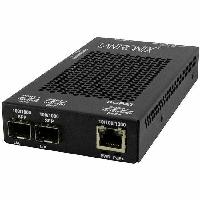 Lantronix SGPAT1040-205 Transceiver/Media Converter - 1 x Network (RJ-45) - 1x PoE+ (RJ-45) Ports - Gigabit Ethernet - 10/100/1000Base-T, 1000Base-X - 1000 Mbit/s - 328.08 ft - 2 x Expansion Slots - SFP - 2 x SFP Slots - AC/DC - Wall Mountable, DIN Rail M