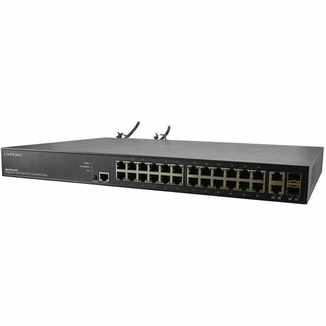 Lantronix SM24TBT2DPB-2XPS Ethernet Switch - 26 Ports - Manageable - Gigabit Ethernet - 10/100/1000Base-T, 1000Base-X - 4 Layer Supported - Modular - 2 SFP Slots - 79 W Power Consumption - Twisted Pair, Optical Fiber - Rack-mountable - 5 Year Limited Warr