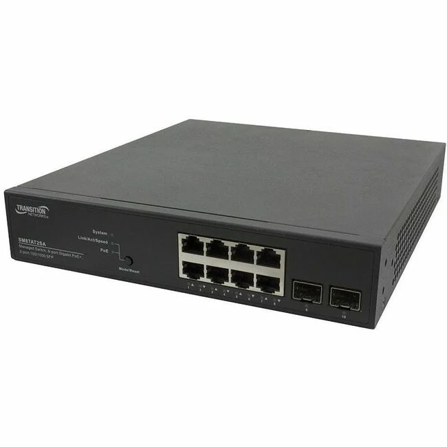 Lantronix SMTATSA Ethernet Switch - 8 Ports - Manageable - Gigabit Ethernet - 100/1000Base-FX, 10/100/1000Base-TX - 4 Layer Supported - Modular - 2 SFP Slots - 147 W Power Consumption - 130 W PoE Budget - Twisted Pair, Optical Fiber - PoE Ports - Rack-mou
