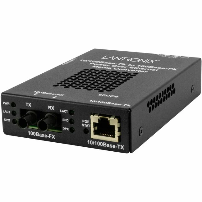 Lantronix SPOEB1011-105 Transceiver/Media Converter - 1 x Network (RJ-45) - 1x PoE (RJ-45) Ports - 1 x ST Ports - Multi-mode - 1300 nm Fiber - Fast Ethernet - 100Base-FX, 10/100Base-TX - 100 Mbit/s - 1.24 Mile - AC Adapter - Wall Mountable, DIN Rail Mount