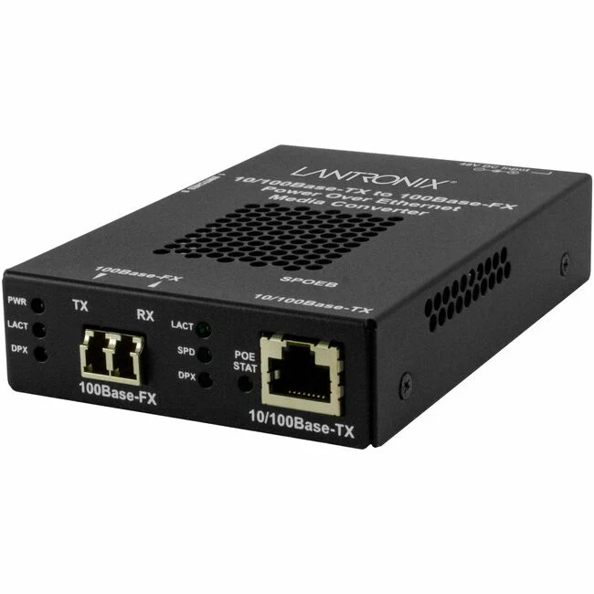 Lantronix SPOEB1039-105 Transceiver/Media Converter - 1 x Network (RJ-45) - 1x PoE (RJ-45) Ports - 1 x LC Ports - Multi-mode - 1300 nm Fiber - Fast Ethernet - 100Base-FX, 10/100Base-TX - 100 Mbit/s - 1.24 Mile - AC Adapter - Wall Mountable, DIN Rail Mount