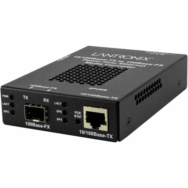 Lantronix SPOEB1040-105 Transceiver/Media Converter - 1 x Network (RJ-45) - 1x PoE (RJ-45) Ports - Fast Ethernet - 10/100Base-TX, 100Base-X - 100 Mbit/s - 328.08 ft - 1 x Expansion Slots - SFP - 1 x SFP Slots - AC Adapter - Wall Mountable, DIN Rail Mounta