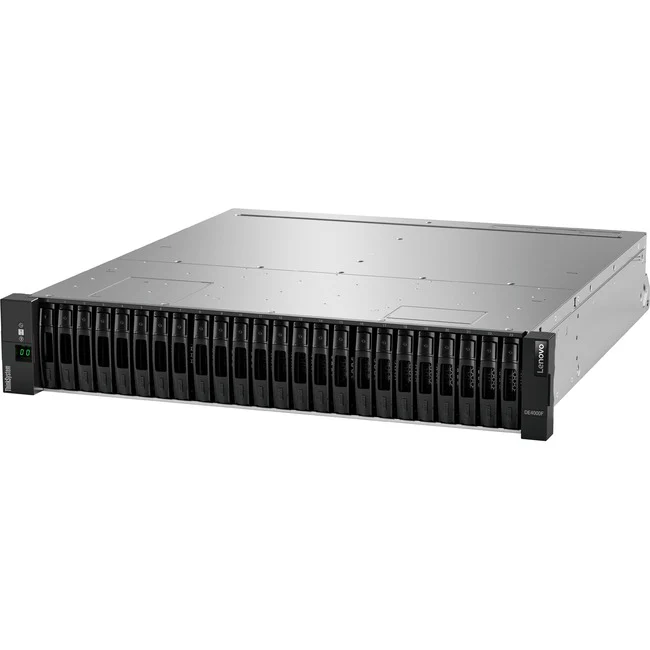 Lenovo ThinkSystem DE4000F SAN Storage System - 24 x SSD Supported - 0 x SSD Installed - 2 x 12Gb/s SAS Controller - RAID Supported - 0, 1, 3, 5, 6, 10 RAID Levels - 24 x Total Bays - 24 x 2.5" Bay - 25 Gigabit Ethernet, 10 Gigabit Ethernet, Gigabit Ether