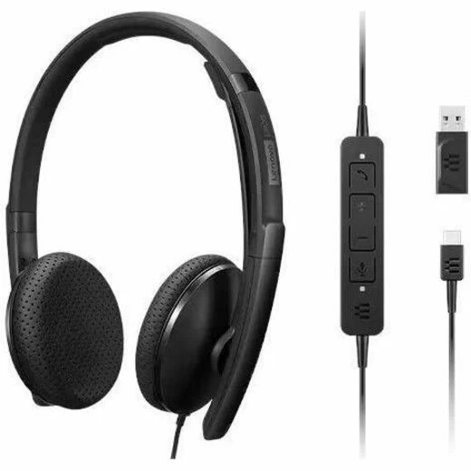 Lenovo Wired VoIP Headset (UC) - Microsoft Teams Certification - Stereo - USB Type C - Wired - 2.2 Kilo Ohm - 20 Hz - 20 kHz - On-ear, Over-the-head - Binaural - Supra-aural - 5.86 ft Cable - Noise Cancelling Microphone - Black