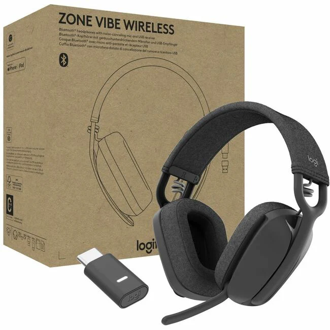 Logitech Zone Vibe Wireless - Stereo - USB Type C - Wireless - Bluetooth - 98.4 ft - Over-the-ear - Binaural - Ear-cup - Omni-directional, Directional, MEMS Technology Microphone - Graphite