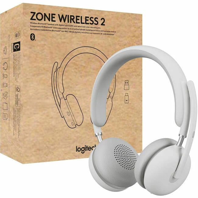 Logitech Zone Wireless 2 Headset - Microsoft Teams Certification - Stereo - Wireless - Bluetooth - 170 ft - 20 Hz - 20 kHz - Over-the-head - Binaural - Noise Cancelling, Omni-directional, MEMS Technology Microphone - Noise Canceling - Off White