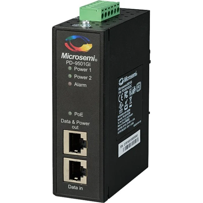 Microchip 1-port 60W Industrial PoE Injector - 50 V DC Output - 1 x 10/100/1000Base-T Input Port(s) - 1 x 10/100/1000Base-T Output Port(s) - 60 W