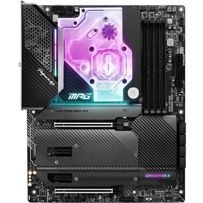 MSI MPG X570S CARBON EK X Desktop Motherboard - AMD X570 Chipset - Socket AM4 - ATX - Ryzen 3, Ryzen 5, Ryzen 7, Ryzen 5 Pro, Ryzen 7 PRO, Ryzen 3 PRO, Ryzen 9 Processor Supported - 128 GB DDR4 SDRAM Maximum RAM - DIMM, UDIMM - 4 x Memory Slots - IEEE 802