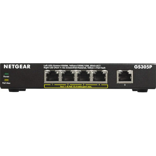 Netgear 300 GS305P Ethernet Switch - 5 Ports - 2 Layer Supported - 60 W Power Consumption - 55.50 W PoE Budget - Twisted Pair - PoE Ports - Desktop, Wall Mountable - 3 Year Limited Warranty