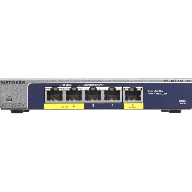 NETGEAR 5-Port Gigabit Smart Managed Plus PoE Switch, 19W, GS105PE - 5 Ports - Manageable - 10/100/1000Base-T - 2 Layer Supported - PoE Ports - Desktop - Lifetime Limited Warranty
