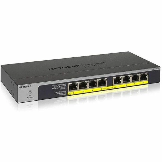 Netgear 8-Port PoE/PoE+ Gigabit Ethernet Unmanaged Switch (GS108LP) - 8 Ports - Gigabit Ethernet - 1000Base-T - 2 Layer Supported - Twisted Pair - Wall Mountable, Desktop, Rack-mountable - Lifetime Limited Warranty