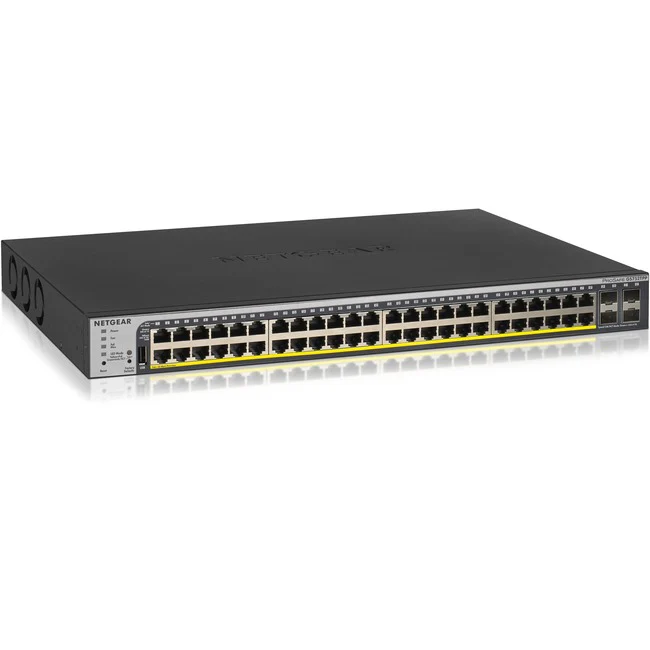 Netgear Gigabit PoE+ Smart Switches with Remote/Cloud Management - 48 Ports - Manageable - Gigabit Ethernet - 10/100/1000Base-TX, 1000Base-X - 2 Layer Supported - Modular - 4 SFP Slots - 861 W Power Consumption - 760 W PoE Budget - Twisted Pair, Optical F