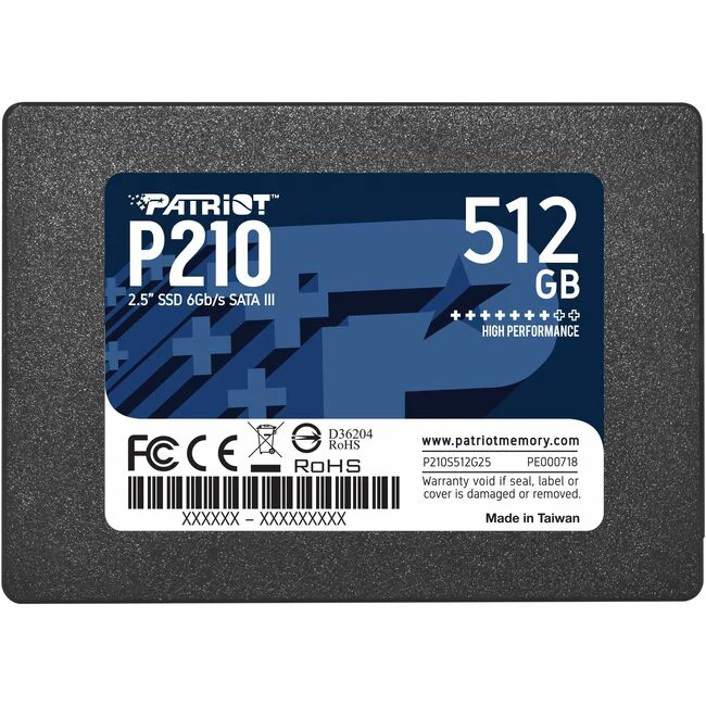 Patriot Memory P210 P210S512G25 512 GB Solid State Drive - 2.5" Internal - SATA (SATA/600) - Desktop PC Device Supported - 240 TB TBW - 520 MB/s Maximum Read Transfer Rate - 3 Year Warranty