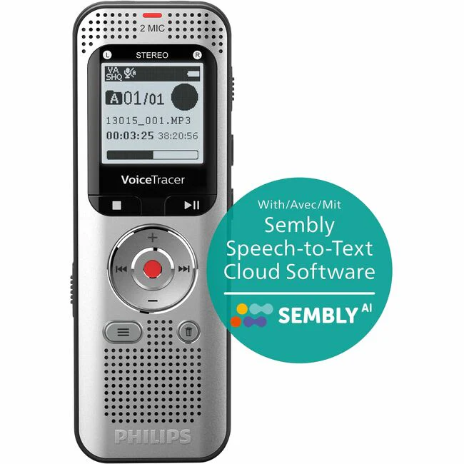 Philips VoiceTracer DVT2015 8GB Voice Recorder with Sembly Cloud Speech-to-Text Software - 8GB, Stereo Microphones, MicroSD card slot, Automatic Speech-to-Text, Easy recording file sharing