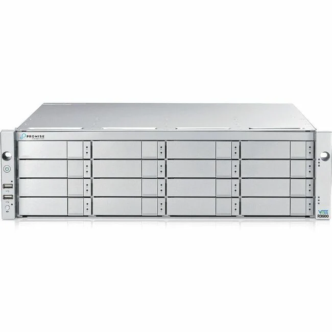 Promise Vess R3600iD SAN/NAS Storage System - 16 x HDD Supported - 2 x HDD Installed - 8 TB Installed HDD Capacity - 16 x SSD Supported - 0 x SSD Installed - 16 GB RAM - 1 x 12Gb/s SAS Controller - RAID Supported - 0, 1, 5, 6, 10, 50, 60 RAID Levels - 16