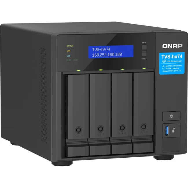 QNAP TVS-h474-PT-8G SAN/NAS Storage System - 1 x Intel Pentium Gold G7400 Dual-core (2 Core) 3.70 GHz - 4 x HDD Supported - 0 x HDD Installed - 4 x SSD Supported - 0 x SSD Installed - 8 GB RAM DDR4 SDRAM - Serial ATA/600 Controller - RAID Supported - 0, 1