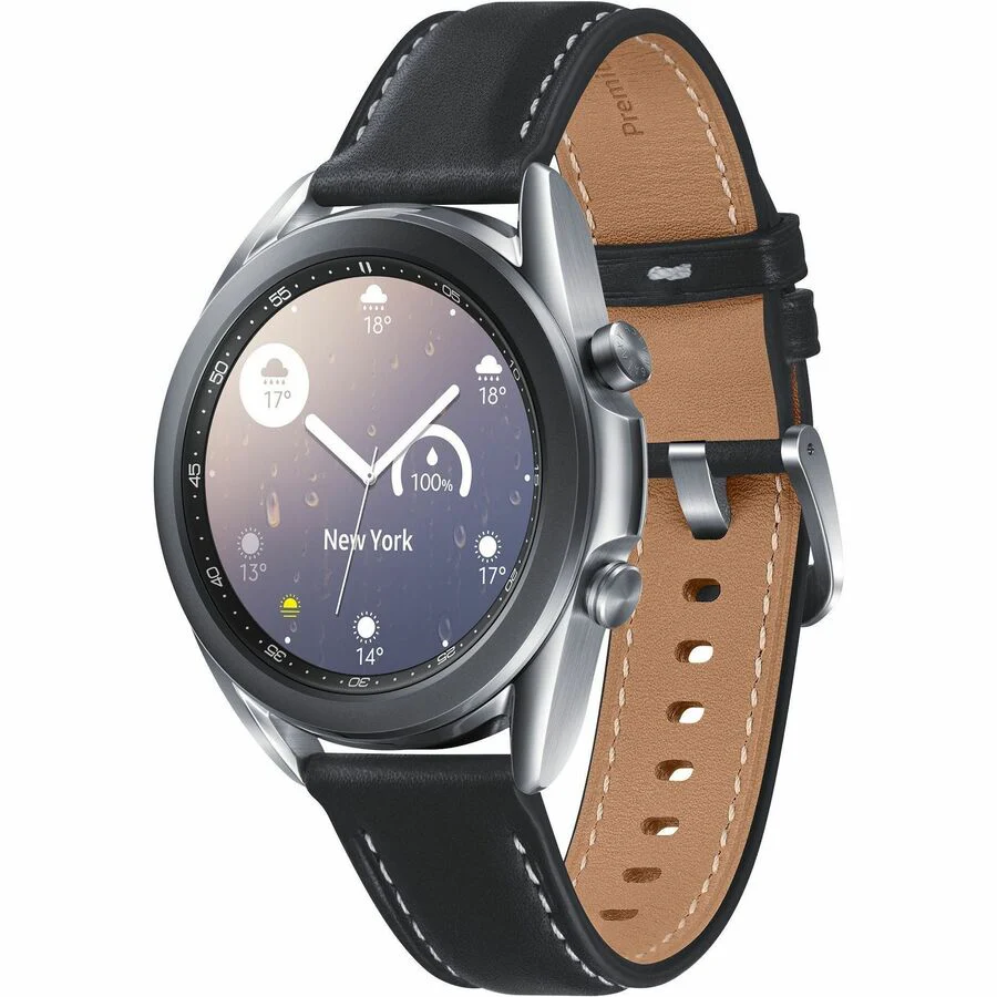 Samsung Galaxy Watch3 (41MM), Mystic Silver (Bluetooth) - Round - 1.82" (46.20 mm) - 0.44" (11.10 mm) - 1.61" (41 mm) - ECG Sensor, Accelerometer, Barometer, Gyro Sensor, Ambient Light Sensor, Optical Heart Rate Sensor - Voice Activated, Text Messaging, C