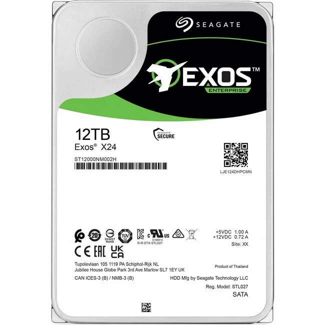 Seagate Exos X24 ST12000NM002H 12 TB Hard Drive - 3.5" Internal - SATA (SATA/600) - Conventional Magnetic Recording (CMR) Method - Storage Array Device Supported - 7200rpm - 5 Year Warranty