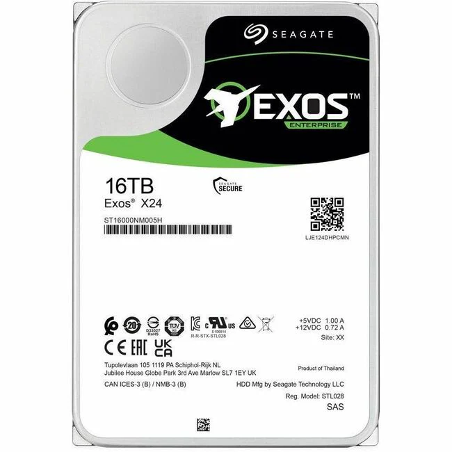 Seagate Exos X24 ST16000NM005H 16 TB Hard Drive - 3.5" Internal - SAS (12Gb/s SAS) - Conventional Magnetic Recording (CMR) Method - Storage Array Device Supported - 7200rpm - 5 Year Warranty