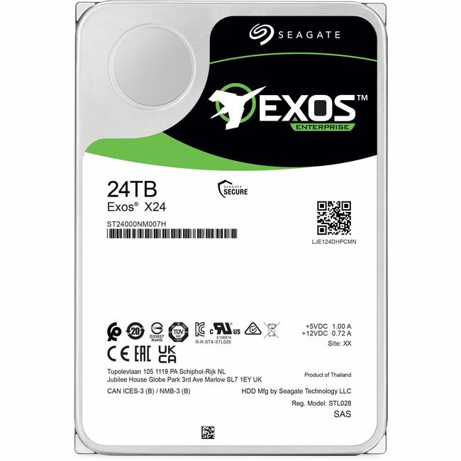 Seagate Exos X24 ST24000NM007H 24 TB Hard Drive - 3.5" Internal - SAS (12Gb/s SAS) - Conventional Magnetic Recording (CMR) Method - Storage Array Device Supported - 7200rpm - 5 Year Warranty
