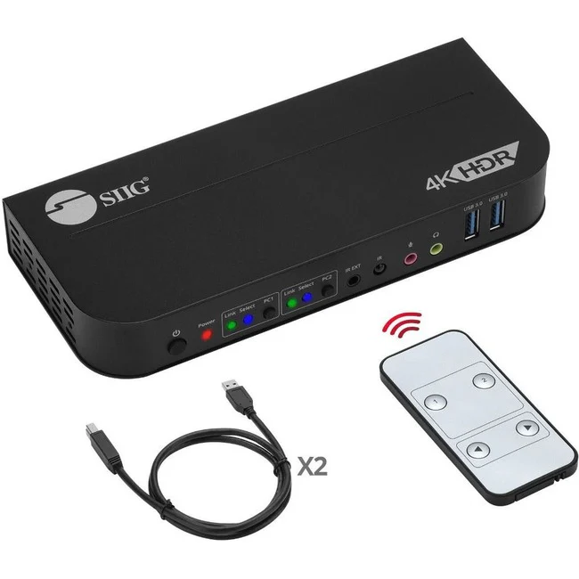 SIIG 2x1 DisplayPort 4K KVM USB 3.0 Switch with Remote Control - Allows you to control 2 DisplayPort 1.4 computers using one keyboard and mouse, DP 1.4/8K@30, HDMI 4K@60, USB 3.0 ports, 3.5mm Phone & Mic Jacks, Switch Button, Hotkeys, Remote Control