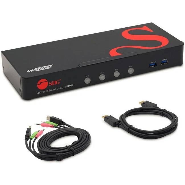 SIIG 4 Port 4K 60HZ DisplayPort 1.2 KVM Switch with USB 3.0 and Multi-Media ports - 4K 60Hz Single Display - UHD DP 1.2 USB KVM Switch with USB 3.0 Hub & Audio - 4 Port DisplayPort KVM Switch with Audio/ Hotkey / Manual Switching - 3840 x 2160 60Hz - 4K U