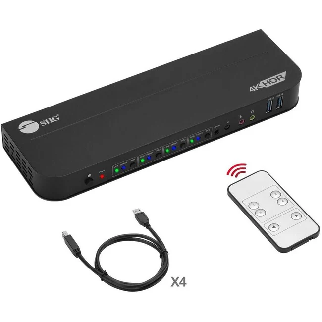 SIIG 4x1 DisplayPort 4K KVM USB 3.0 Switch with Remote Control - Allows you to control 4 DisplayPort 1.4 computers using one keyboard and mouse, DP 1.4/8K@30, HDMI 4K@60, USB 3.0 ports, 3.5mm Phone & Mic Jacks, Switch Button, Hotkeys, Remote Control