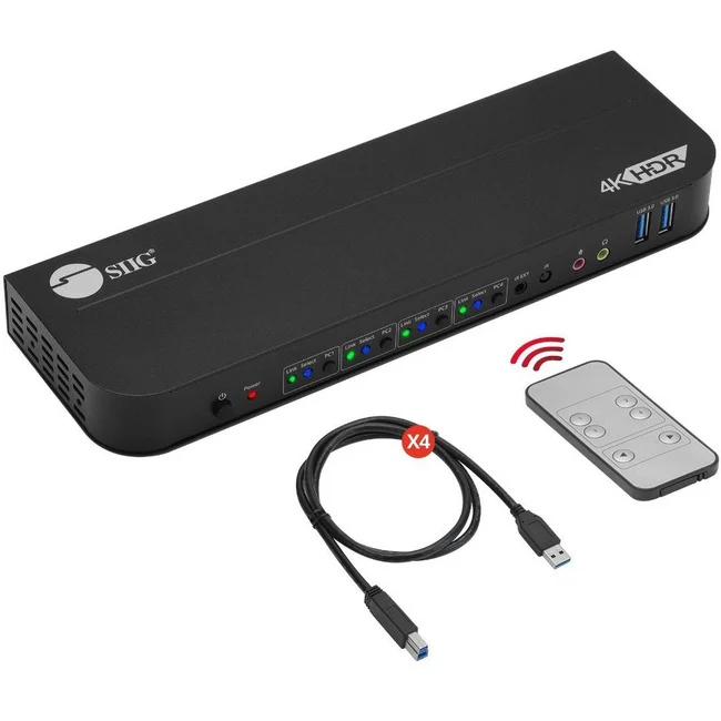SIIG 4x1 HDMI 4K HDR KVM USB 3.0 Switch with Remote Control - Allows you to control 4 HDMI 4K computers using one keyboard and mouse - HDMI 4K@60, USB 3.0 ports, 3.5mm Phone & Mic Jacks, Switch Button, Hotkeys, Remote Control