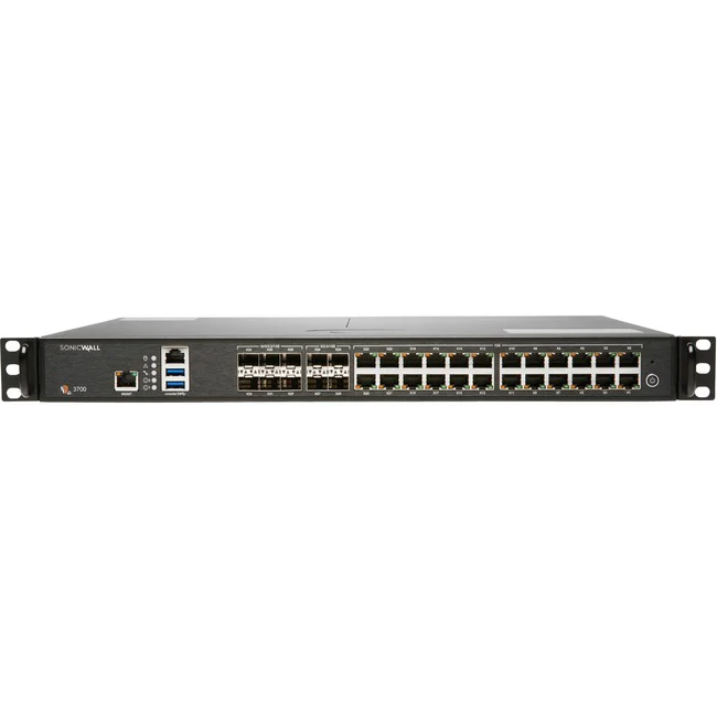 SonicWall NSA 3700 High Availability Firewall - 24 Port - 10/100/1000Base-T, 10GBase-X - 10 Gigabit Ethernet - DES, 3DES, MD5, SHA-1, AES (128-bit), AES (192-bit), AES (256-bit) - 24 x RJ-45 - 10 Total Expansion Slots - 1U - Rack-mountable - TAA Compliant