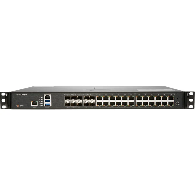 SonicWall NSA 3700 Network Security/Firewall Appliance - 24 Port - 10/100/1000Base-T, 10GBase-X - 10 Gigabit Ethernet - DES, 3DES, MD5, SHA-1, AES (128-bit), AES (192-bit), AES (256-bit) - 24 x RJ-45 - 10 Total Expansion Slots - 5 Year TotalSecure Advance