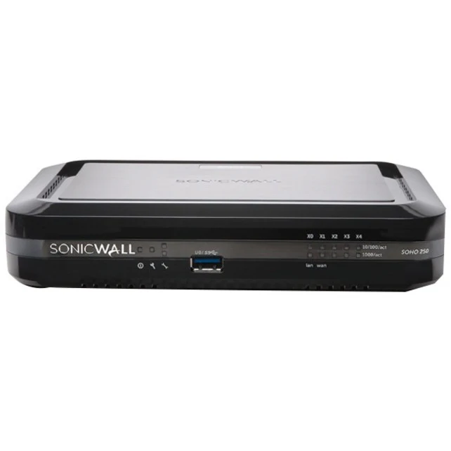 SonicWall SOHO 250 Network Security/Firewall Appliance - 4 Port - 1000Base-T, 1000Base-X - Gigabit Ethernet - 75 MB/s Firewall Throughput - Wireless LAN IEEE 802.11a/b/g/n - AES (128-bit), AES (192-bit), AES (256-bit), DES, 3DES, SHA-1, MD5 - 10 VPN - 4 x