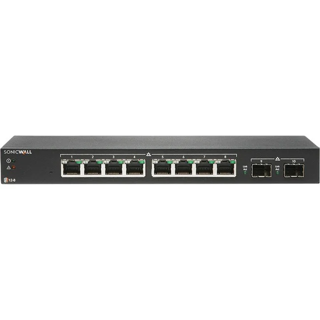 SonicWall Switch SWS12-8 - 10 Ports - Manageable - TAA Compliant - 2 Layer Supported - Modular - 2 SFP Slots - 5.70 W Power Consumption - Optical Fiber, Twisted Pair - Desktop - 12 Month Limited Warranty