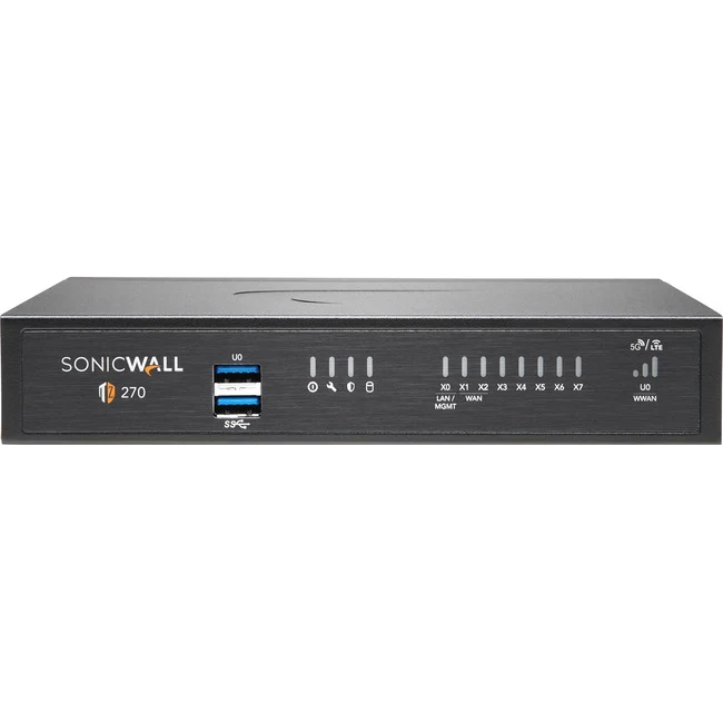 SonicWall TZ270 Network Security/Firewall Appliance - 8 Port - 10/100/1000Base-T - Gigabit Ethernet - DES, 3DES, MD5, SHA-1, AES (128-bit), AES (192-bit), AES (256-bit) - 8 x RJ-45 - 1 Year TotalSecure Essential Edition - Desktop, Rack-mountable - TAA Com