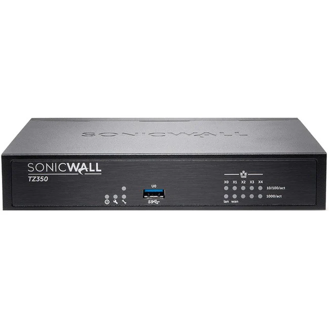 SonicWall TZ350 Network Security/Firewall Appliance - Intrusion Prevention - 5 Port - 1000Base-T - Gigabit Ethernet - 128 MB/s Firewall Throughput - AES (192-bit), DES, MD5, AES (256-bit), 3DES, AES (128-bit), SHA-1 - 5 x RJ-45 - 3 Year Total Secure Advan