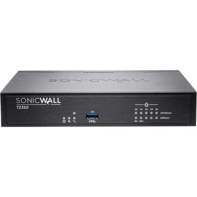 SonicWall TZ350 Network Security/Firewall Appliance - Intrusion Prevention - 5 Port - 1000Base-T - Gigabit Ethernet - 128 MB/s Firewall Throughput - AES (192-bit), DES, MD5, AES (256-bit), 3DES, AES (128-bit), SHA-1 - 5 x RJ-45 - 3 Year TotalSecure - Desk