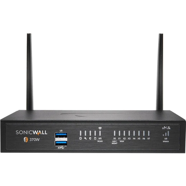 SonicWall TZ370 Network Security/Firewall Appliance - Intrusion Prevention - 8 Port - 1000Base-T - Gigabit Ethernet - 384 MB/s Firewall Throughput - AES (192-bit), DES, MD5, AES (256-bit), 3DES, AES (128-bit), SHA-1 - 8 x RJ-45 - 3 Year TotalSecure Threat