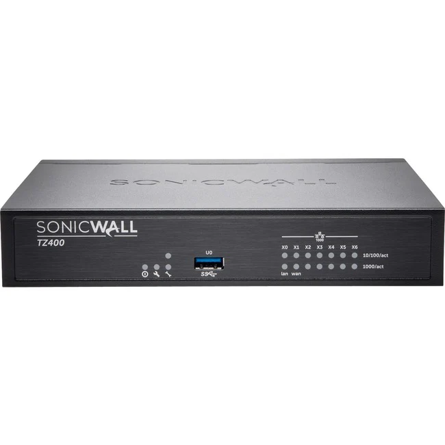 SonicWall TZ400 Network Security/Firewall Appliance - 7 Port - 10/100/1000Base-T - Gigabit Ethernet - AES (128-bit), AES (256-bit), DES, MD5, AES (192-bit), SHA-1, 3DES - 7 x RJ-45 - Desktop - TAA Compliant