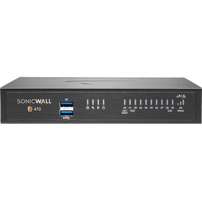 SonicWall TZ470 Network Security/Firewall Appliance - 8 Port - 10/100/1000Base-T - 2.5 Gigabit Ethernet - DES, 3DES, MD5, SHA-1, AES (128-bit), AES (192-bit), AES (256-bit) - 8 x RJ-45 - 2 Total Expansion Slots - 2 Year Secure Upgrade Plus Threat Edition