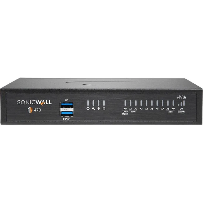 SonicWall TZ470 Network Security/Firewall Appliance - 8 Port - 10/100/1000Base-T - 2.5 Gigabit Ethernet - DES, 3DES, MD5, SHA-1, AES (128-bit), AES (192-bit), AES (256-bit) - 8 x RJ-45 - 2 Total Expansion Slots - 3 Year TotalSecure Advanced Edition - Desk