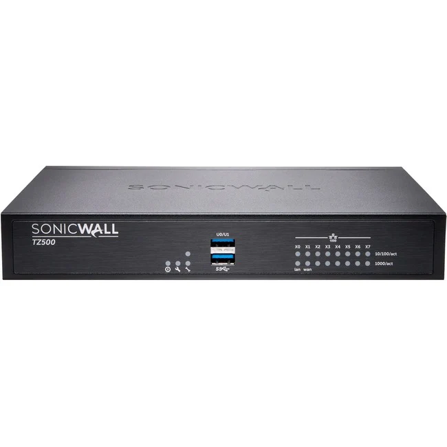 SonicWall TZ500 Network Security/Firewall Appliance - Intrusion Prevention - 8 Port - 1000Base-T - Gigabit Ethernet - 179.20 MB/s Firewall Throughput - AES (192-bit), DES, MD5, AES (256-bit), 3DES, AES (128-bit), SHA-1 - 8 x RJ-45 - 2 Year Secure Upgrade