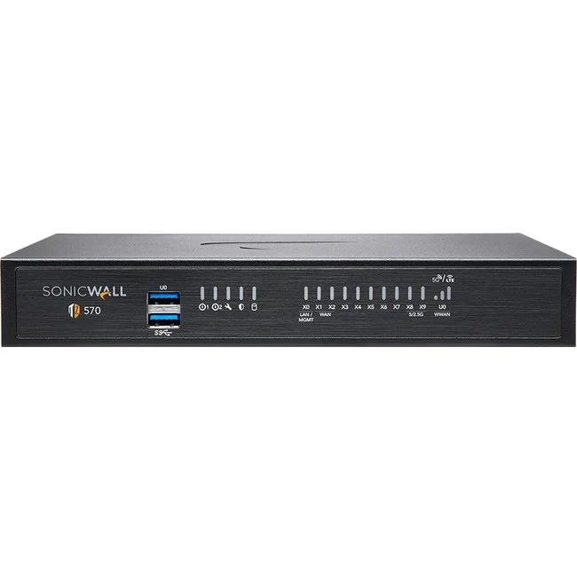 SonicWall TZ570 Network Security/Firewall Appliance - 8 Port - 10/100/1000Base-T - 5 Gigabit Ethernet - DES, 3DES, MD5, SHA-1, AES (128-bit), AES (192-bit), AES (256-bit) - 8 x RJ-45 - 2 Total Expansion Slots - 3 Year TotalSecure Essential Edition - Deskt
