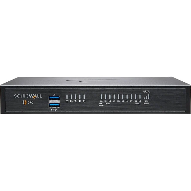 SonicWall TZ570W Network Security/Firewall Appliance - 10 Port - 10/100/1000Base-T - Gigabit Ethernet - Wireless LAN IEEE 802.11ac - DES, 3DES, MD5, SHA-1, AES (128-bit), AES (192-bit), AES (256-bit), WPA, WEP, WPA2, TKIP - 10 x RJ-45 - 2 Total Expansion