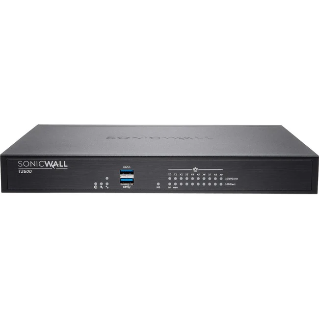 SonicWall TZ600 Network Security/Firewall Appliance - 10 Port - 10/100/1000Base-T - Gigabit Ethernet - AES (128-bit), DES, AES (256-bit), MD5, AES (192-bit), SHA-1, 3DES - 10 x RJ-45 - Desktop - TAA Compliant
