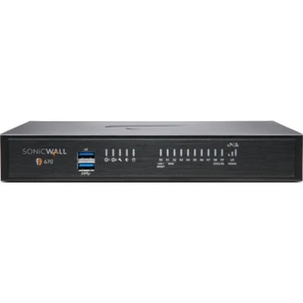 SonicWall TZ670 Network Security/Firewall Appliance - 8 Port - 10/100/1000Base-T, 10GBase-X - 10 Gigabit Ethernet - DES, 3DES, MD5, SHA-1, AES (128-bit), AES (192-bit), AES (256-bit) - 8 x RJ-45 - 2 Total Expansion Slots - 1 Year TotalSecure Advanced Edit