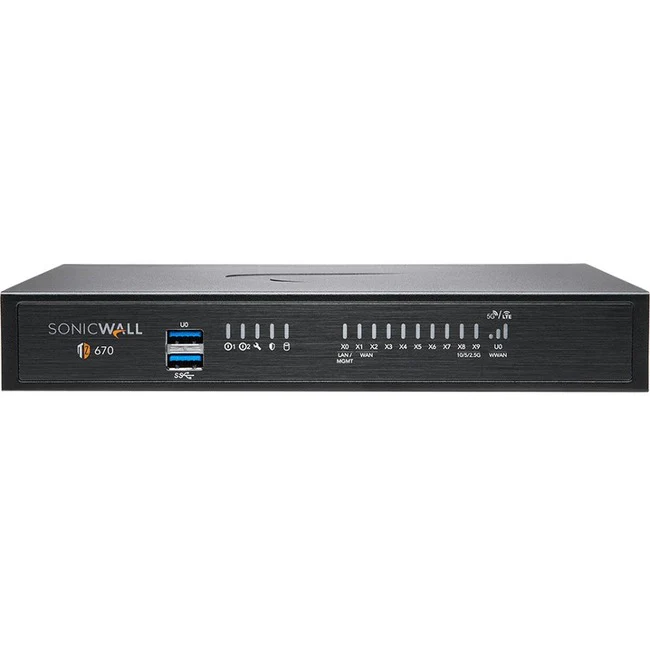 SonicWall TZ670 Network Security/Firewall Appliance - 8 Port - 10/100/1000Base-T, 10GBase-X - 10 Gigabit Ethernet - DES, 3DES, MD5, SHA-1, AES (128-bit), AES (192-bit), AES (256-bit) - 8 x RJ-45 - 2 Total Expansion Slots - Desktop, Rack-mountable - TAA Co