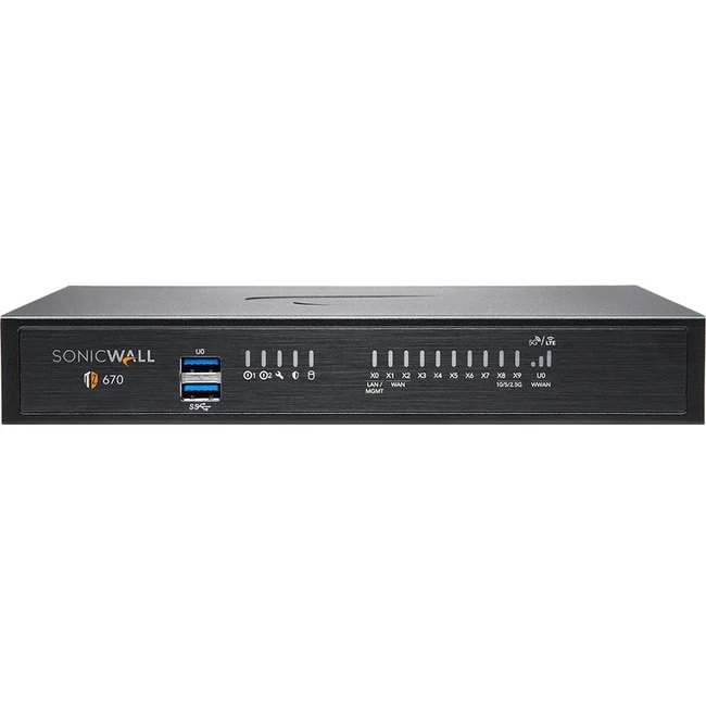 SonicWall TZ670 Network Security/Firewall Appliance - Intrusion Prevention - 8 Port - 1000Base-T, 10GBase-X - 10 Gigabit Ethernet - 640 MB/s Firewall Throughput - AES (192-bit), DES, MD5, AES (256-bit), 3DES, AES (128-bit), SHA-1 - 500 VPN - 8 x RJ-45 - 2