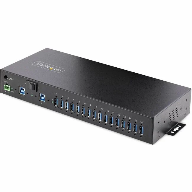 StarTech.com 16-Port Industrial USB 3.0 Hub 5Gbps, Mountable, Terminal Block Power Up to 120W Shared, USB Charging, Dual-Host Hub/Switch - 16 USB-A 3.2 Gen 1 (5Gbps shared) Downstream Facing Ports (DFP) w/dual-host switch/hub - Steel enclosure - Locking p